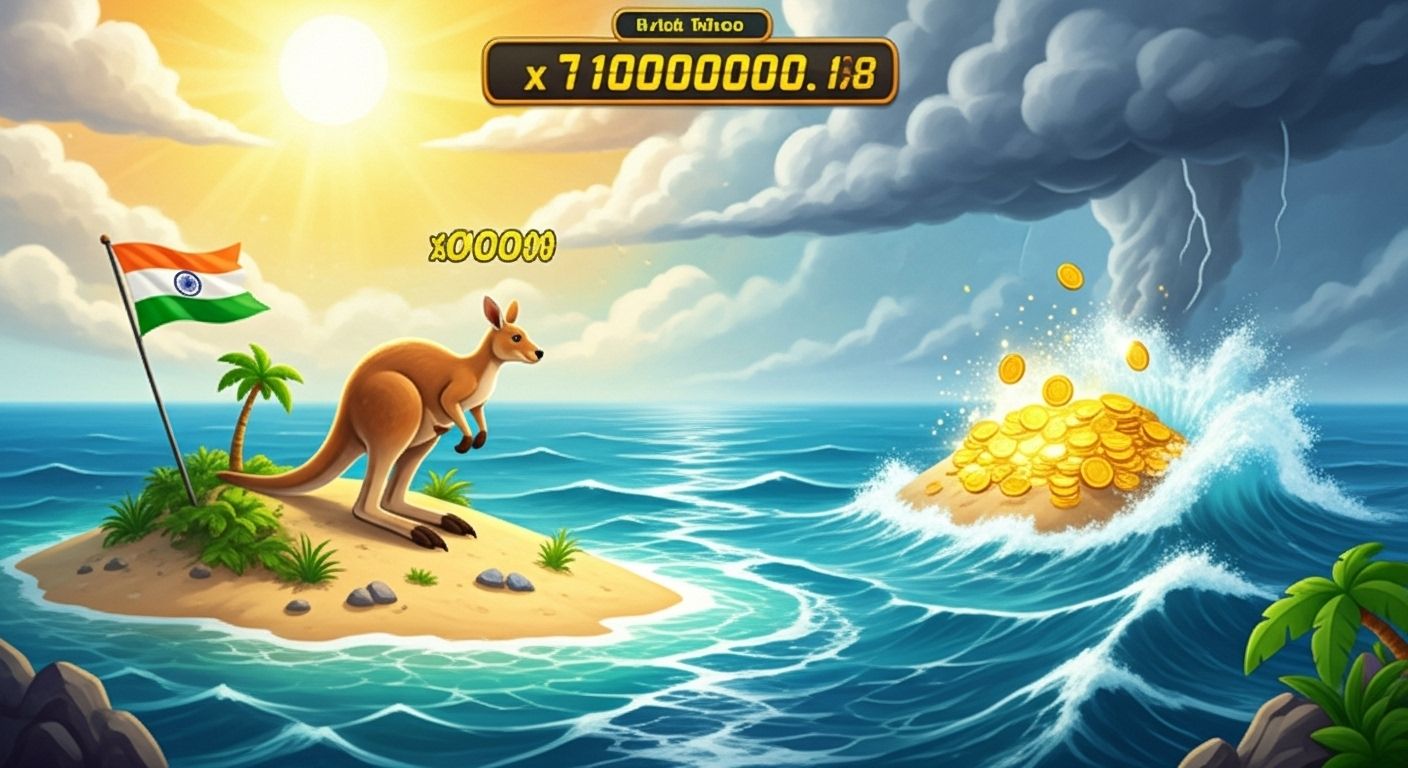 Kangaroo preparing to leap between islands with coins and Indian flag, showing betting risk
