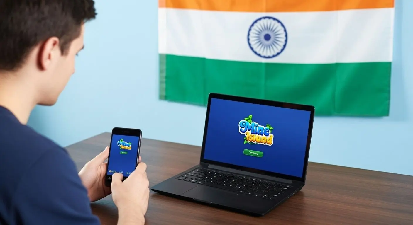 भारतीय खिलाड़ी माइन आइलैंड पर लैपटॉप और फोन पर लॉगिन करते हुए, प्रगति पथ चमकता हुआ, पृष्ठभूमि में भारतीय ध्वज
