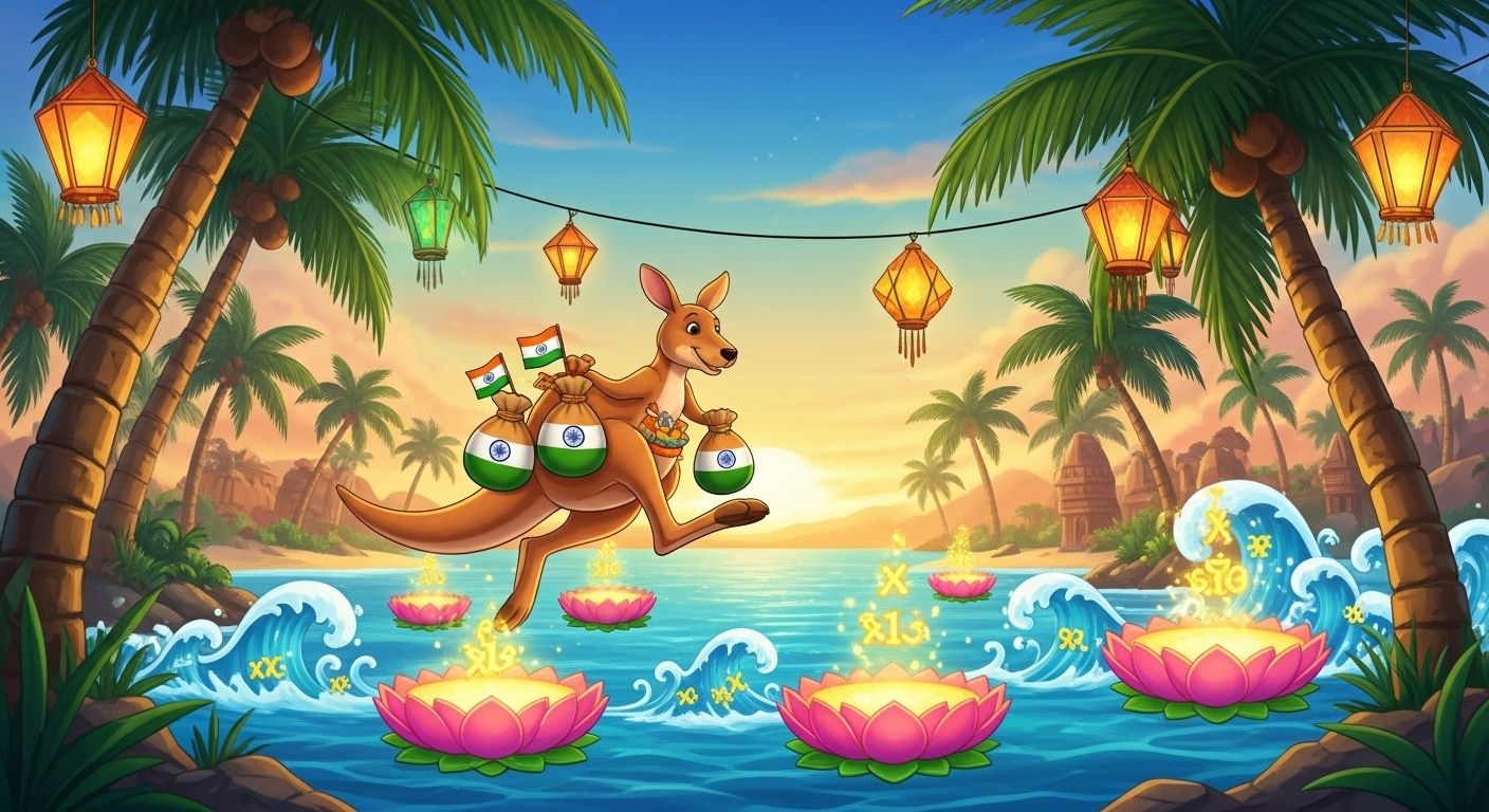 Kangaroo jumping across glowing lotus platforms on an Indian tropical island
