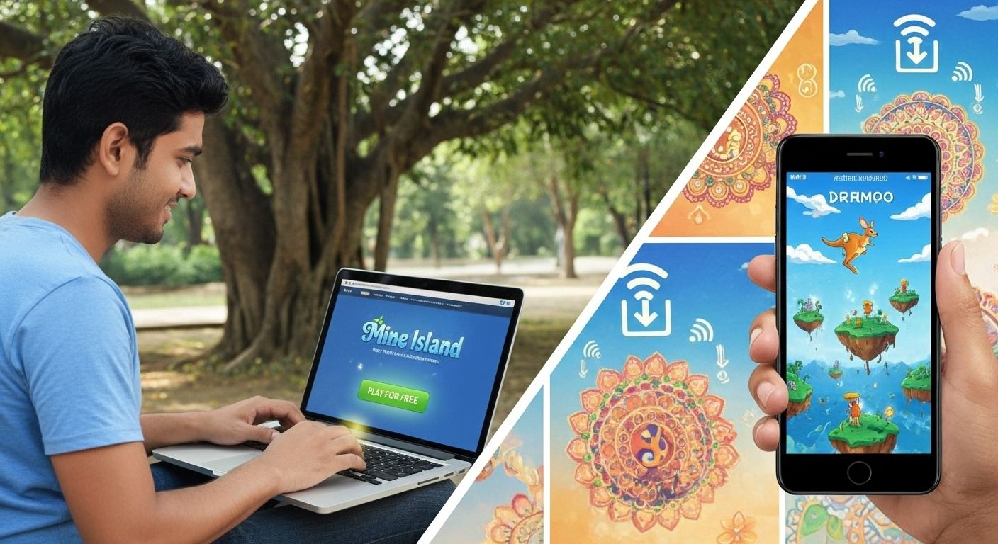 Indian gamer accessing Mine Island demo on laptop and smartphone