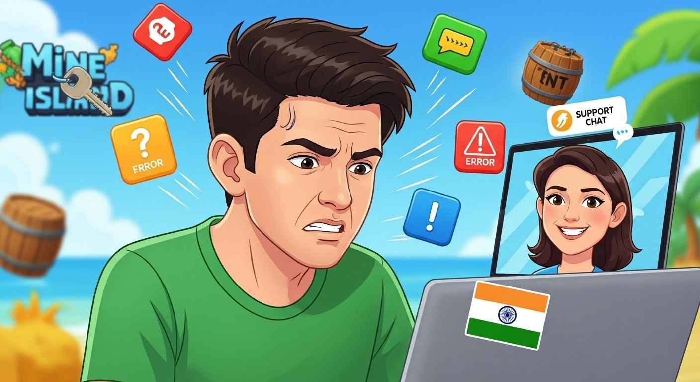 Player facing login errors with support agent avatar helping, Indian flag sticker on laptop