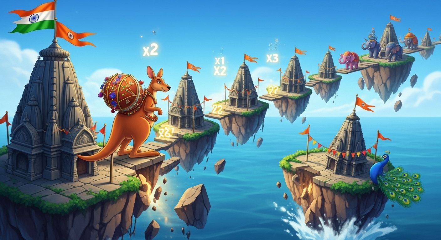 Kangaroo hopping across glowing temple-shaped islands in an Indian-inspired demo game