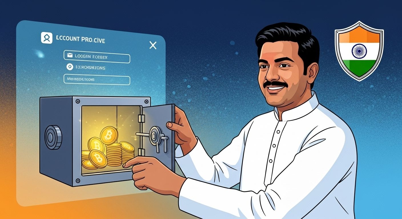 Secure digital vault with coins and login details, Indian player logging in, shield with Indian flag