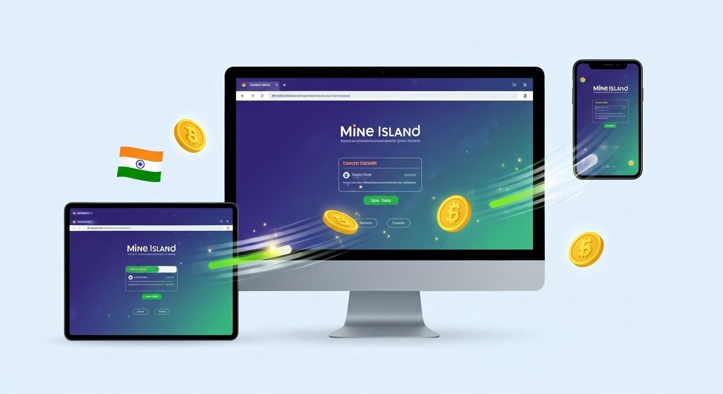 Desktop, tablet, and smartphone with Mine Island login, synchronized progress