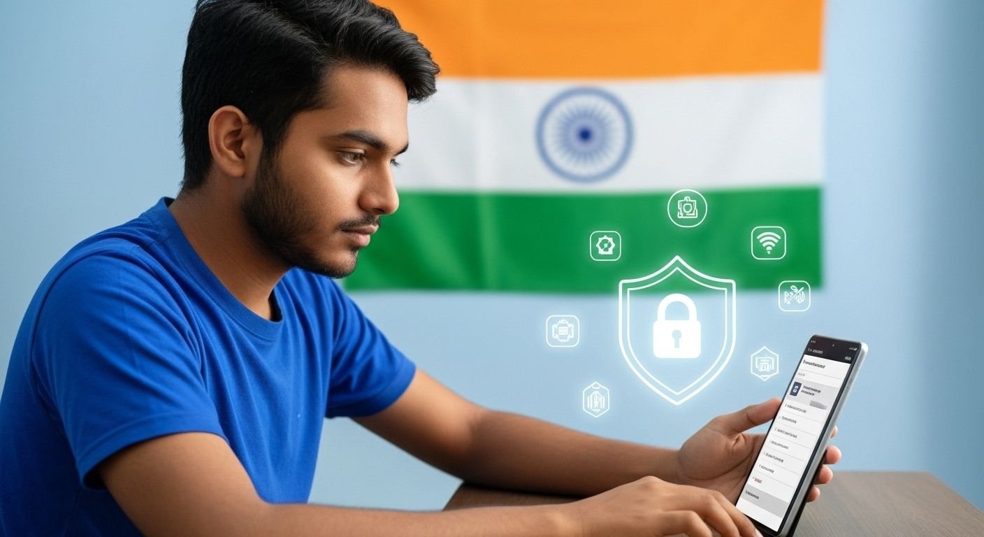 Indian player setting a strong password with shield and lock icon, Indian flag in background