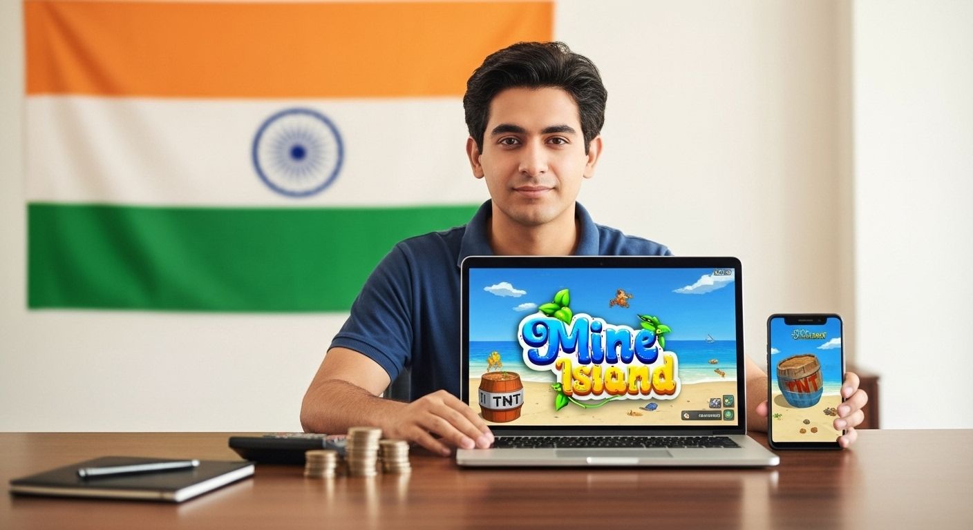 Indian player managing bankroll with planner, coins, and Mine Island game open